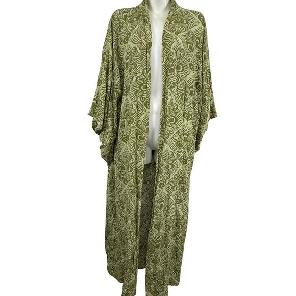 Free People Riviera Moss Green Print Open Kimono Long Jacket NWT Boho sz ALL OS - Picture 1 of 16